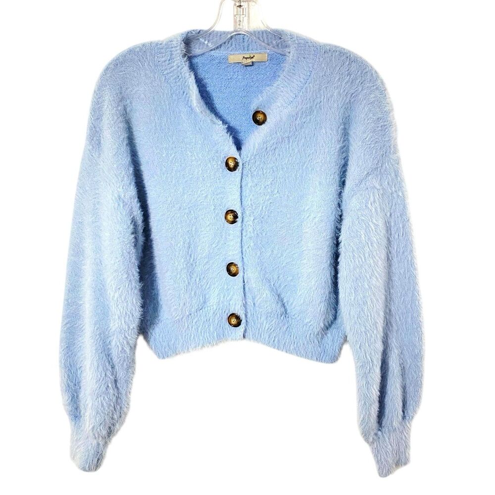 Papaya Blue Fuzzy Cardigan Cropped L Cozy Furry Sweater Romantic cottagecore vtg